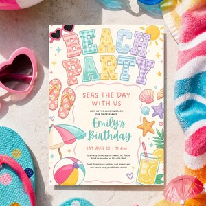 May include: A rectangular invitation card with the text BEACH PARTY in colorful patterned letters. It features illustrations of flip-flops, a beach umbrella, a beach ball, a drink, and seashells. The text includes event details for Emily's Birthday.