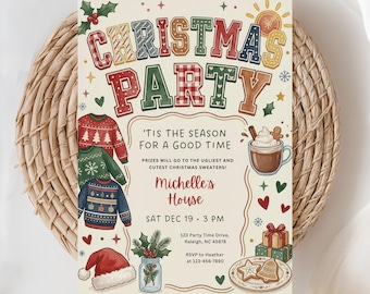 Christmas Sweater Party Invitation, Friendsmas Invite, Hot Cocoa Party, Ugly Sweater Party, Holiday Party Invite, (Editable Template)