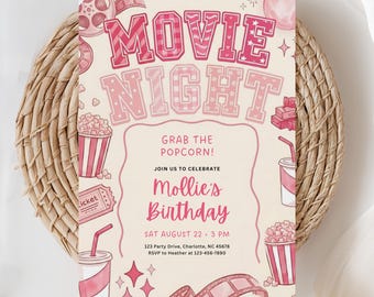 Pink Movie Party Invitation, Girls Movie Night Invitation, Movie Birthday Invite, Backyard Movie Night, Tween Birthday, (Editable Template)