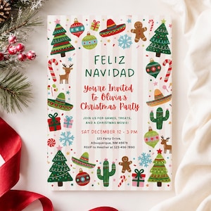 May include: A festive Christmas party invitation with the words "Feliz Navidad" in green. The invitation features colorful illustrations of Christmas trees, sombreros, ornaments, and gingerbread men. The text reads "You're Invited to Olivia's Christmas Party."