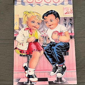 Carte de voeux L. Cowell vintage 1982, Retro Diner Kids, Kitsch Saint-Valentin, vierge à l'intérieur, éphémères inutilisés