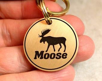 Moose Dog Tag voor honden, gegraveerde Moose Dog Collar Tag, Moose Pet ID Tag, Klein, Medium, Grote Ronde Pet Tag, Diep Gegraveerde Messing Dog Tag