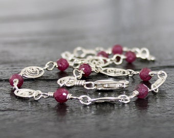 Dainty Ruby Bracelet, Sterling Silver or Gold Filled, July Birthstone Gift