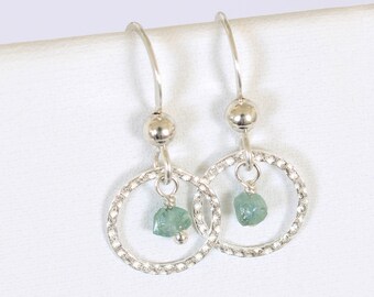 Montana Sapphire Earrings - Raw Montana Sapphires with Sterling Silver, Montana Jewelry, Raw Gemstone Earrings, Dainty Circle Earrings