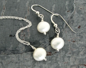 Simple Pearl Necklace and Earring Set, White Freshwater Pearls, Sterling Silver / Gold Filled, Pearl Minimalist Jewelry Set, Gift for Her
