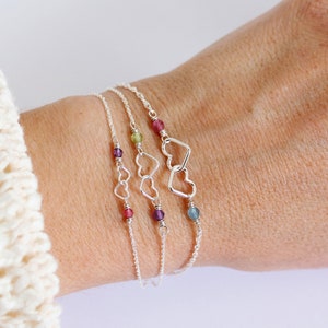 Custom Birthstone Two Hearts Bracelet, Personalized Interlocking Hearts Bracelet, Anniversary Gift, Engagement Gift for Her, Sterling Silver