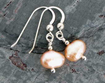 Minimalist Pearl Earrings, Sterling Silver / Gold Filled, Peach Pearl Earrings, Genuine Freshwater Pearl Earrings, Gift for Her, Mothers Day