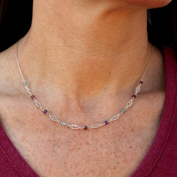 Custom Birthstone Necklace, Mom Gift, Grandma Gift, Sterling Silver or Gold Filled