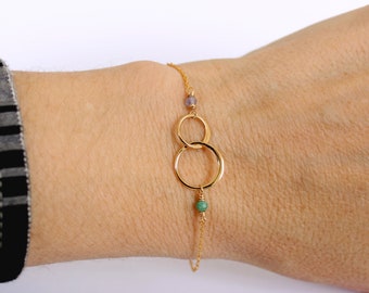 Mother Daughter Bracelet, Custom Birthstones, Mothers Day Gift, Two Interlocking Circles, Friendship Bracelet, Unity, 14K Gold Filled