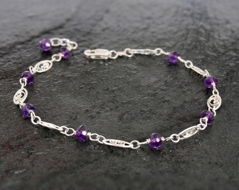 Amethyst Bracelet, 14K Gold Filled, Sterling Silver, February Birthstone Bracelet, Amethyst and Filigree Bracelet, Genuine Amethyst Bracelet