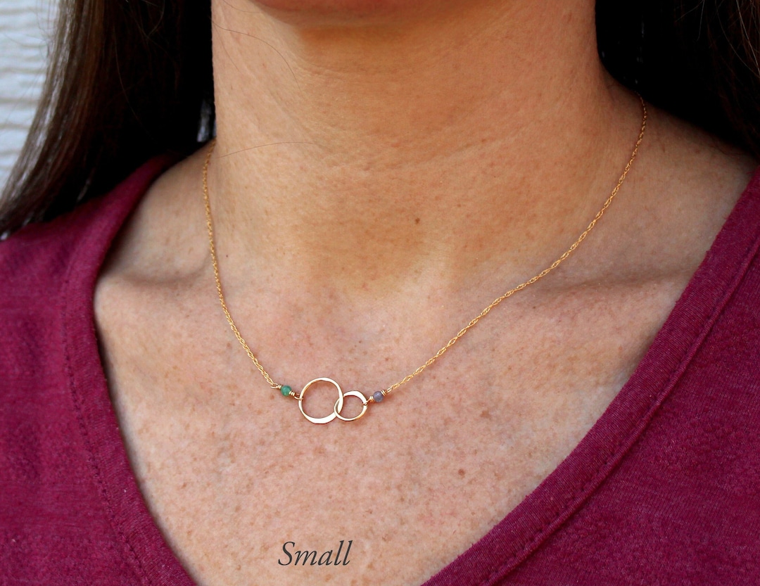 Two Circles Necklace With Custom Birthstones, Mother and Child Gift