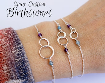Mother Daughter Bracelet, Custom Birthstones, Mothers Day Gift, Two Interlocking Circles, Friendship Bracelet, Unity, Sterling Silver