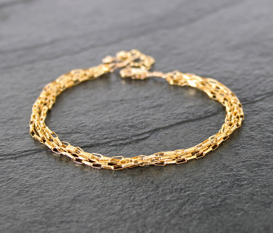 Solid 14k Gold Multi Strand Chain Bracelet, Gold Chain Bracelet, Solid