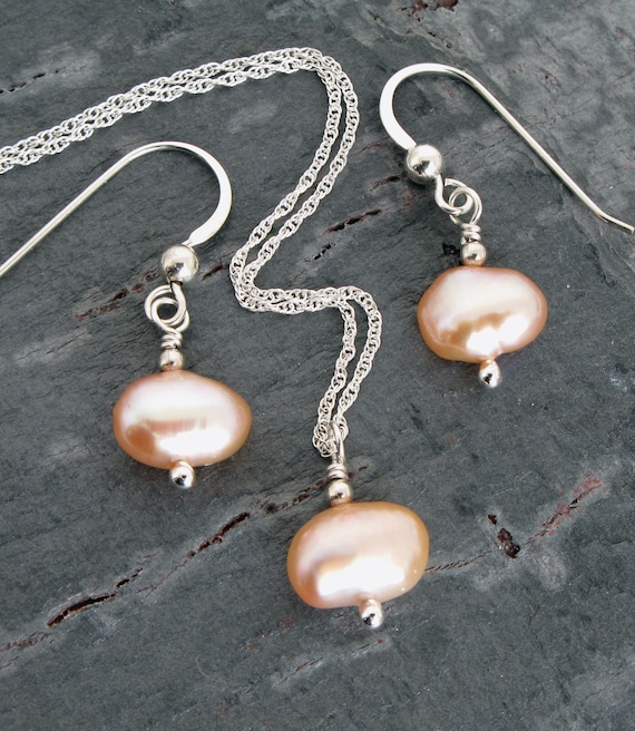 Simple Peach Pearl Necklace and Earring Set, Sterling Silver, Gold Filled, Pearl Earrings, Pearl Minimalist Jewelry, Pearl Gift Set for Her