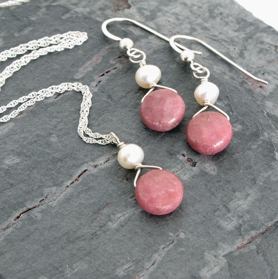 Rhodonite Necklace and Earring Set, Sterling Silver, Gold Filled, Rhodonite Gift Set, Freshwater Pearls, Rhodonite Jewelry Set, Gift for Her