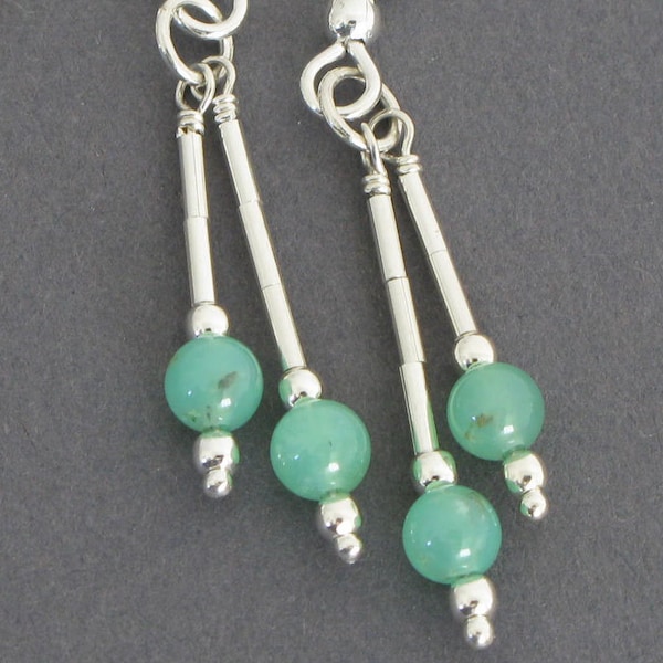 Chrysoprase Earrings in Sterling Silver - Handmade Chrysoprase Earrings, Apple Green Chrysoprase, Delicate Chrysoprase Dangle Earrings