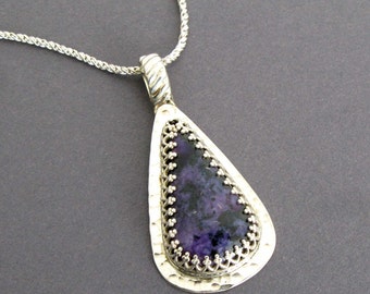 Charoite Necklace - Handmade Charoite Jewelry, Charoite and Sterling Silver Metalwork Necklace, Sterling Silver Metalwork, Russian Charoite