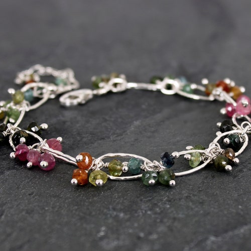 Tourmaline Bracelet, shops Sterling Silver, Watermelon Tourmaline, October Birthstone Bracelet, Rainbow Tourmaline, Multi Color Tourmaline