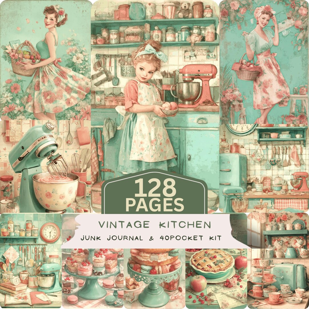 Vintage Kitchen Junk Journal 128 Pages 40 Pocket Kit Retro Baking ...