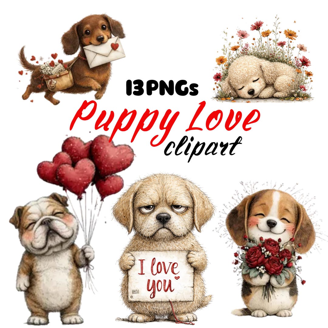 Cute Puppy Love Clipart Bundle PNG: Dog Valentine Illustrations for ...
