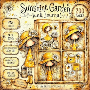 Puede incluir: Un kit de junk journal digital titulado Sunshine Garden con ilustraciones de personajes con vestidos y sombreros amarillos con margaritas. El set incluye 200 páginas, archivos PNG, relación 2:3, 300 DPI, licencia comercial y acceso instantáneo.