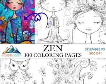 Zen Coloring 100 Pages for Adults, Relaxing Adult Coloring Book, Mindfulness Boho Girls, Animal Mandala, High Resolution Digital Download