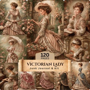 Może przedstawiać: Kolaż zdjęć przedstawiających kobiety z epoki wiktoriańskiej w eleganckich sukniach i otoczeniu. Zdjęcia przedstawiają kobiety z parasolami, koszami kwiatów i grające na pianinie. Tekst "Victorian Lady Junk Journal & Kit" jest wyświetlany z "120 stronami".