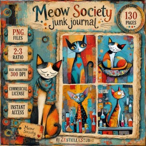 Meow Society 130 Junk Journal And 40 Pocket Kit Colorful Cat Art Collage Planner Decor  Scrapbook Ephemera (Digital Download)