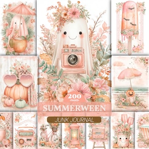 Vintage sommarskräpjournalsidor, retro spökklippbokspapper, boho halloween (digital nedladdning)