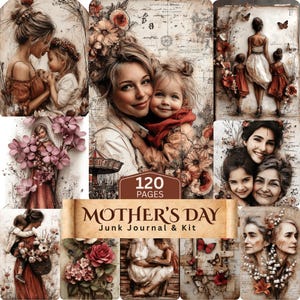 Puede incluir: Un collage de ilustraciones de estilo vintage con madres e hijos, con detalles florales y mariposas. La imagen central muestra a una madre y su hijo, con el texto "Mother's Day Junk Journal & Kit" y "120 Pages". La paleta de colores es cálida.