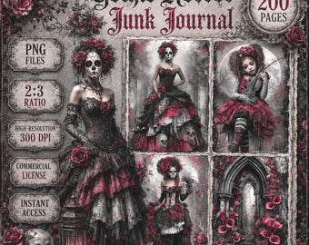 May include: A digital collection titled Gothic Horror Junk Journal featuring 200 pages, PNG files, 2:3 ratio, 300 DPI, commercial license, and instant access. The design displays illustrations of figures in dark, ornate gowns with skull motifs.