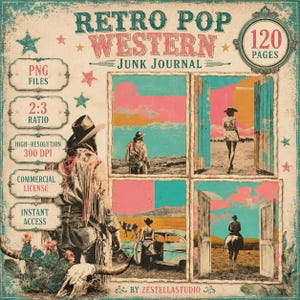 Retro Pop Western Junk Journal 128 Pages 40 Pocket Kit Cowgirl Cowboy Collage Printable  Vintage Ranch Ephemera (Digital Download)