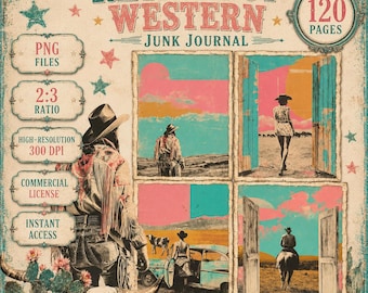 Diario retro pop western, 128 páginas, 40 bolsillos, collage de vaquera, vaquero, imprimible, efímera vintage ranchera (descarga digital)