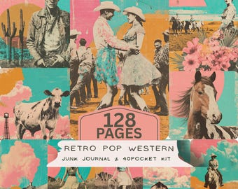 Peut inclure: Un design de style collage avec des images western vintage. Le design comprend des cow-boys, des cow-girls, des chevaux, une vache et un train. Le texte indique "128 PAGES" et "RETRO POP WESTERN JUNK JOURNAL & 40 POCKET KIT". La palette de couleurs comprend du rose, du turquoise, de l'orange et du marron.