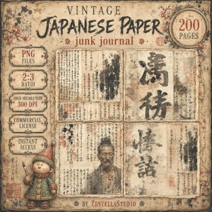 Pode incluir: Um kit de junk journal digital intitulado Vintage Japanese Paper com 200 páginas, arquivos PNG, proporção 2:3, 300 DPI, licença comercial e acesso instantâneo. O design inclui texturas de papel envelhecido, caligrafia japonesa e um gnomo.