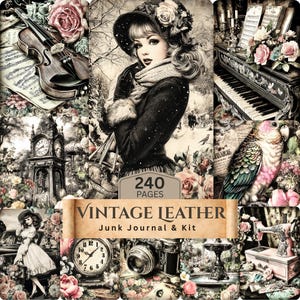 Puede incluir: Un collage de temática vintage con una ilustración central de una mujer en una escena invernal. La imagen incluye un violín, un piano, un reloj y una pancarta que dice "VINTAGE LEATHER Junk Journal & Kit" con "240 PAGES".