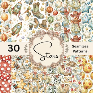 Vintage Watercolor Toy Adventure Digital Paper, Cowboy & Space Nursery Patterns (Digital Download)
