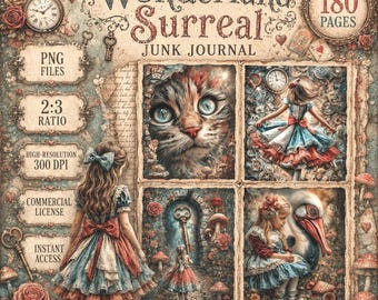 Może przedstawiać: Cyfrowy zestaw junk journal zatytułowany Wonderland Surreal ze 180 stronami. Projekt przedstawia dziewczynkę w niebiesko-czerwonej sukience, pysk kota, zegar, klucze i grzyby. Tekst: PNG FILES, 2:3 RATIO, 300 DPI, COMMERCIAL LICENSE, INSTANT ACCESS.