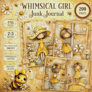 以下が含まれることがあります： Whimsical Girl Junk Journalというタイトルのデジタルジャンクジャーナルキット。200ページ、PNGファイル、2:3の比率、300 DPI、商用ライセンス、即時アクセスが含まれています。デザインには、黄色いドレスを着た女の子、デイジー、ハチのイラストが描かれています。
