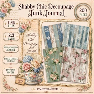 May include: A digital collection titled Shabby Chic Decoupage Junk Journal featuring 200 pages, PNG files, 2:3 ratio, and 300 DPI. The design includes floral arrangements in a teacup, vintage script backgrounds, and wood plank patterns in blue, pink, and cream.