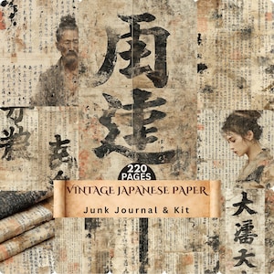 Könnte beinhalten: Vintage japanisches Papier Junk Journal und Kit. Das Bild zeigt eine Collage aus gealtertem Papier mit japanischer Kalligraphie und Illustrationen. Der Text auf dem Banner lautet "Vintage Japanese Paper" und "Junk Journal & Kit". Das Bild enthält auch den Text "220 Seiten".