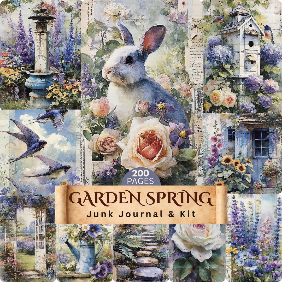 Spring Journaling Garden Spring Junk Journal Kit, 200 Pages, Floral, Rabbit, Bird, Garden ...