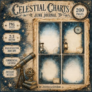 May include: A digital junk journal kit titled Celestial Charts featuring 200 pages, PNG files, 2:3 ratio, 300 DPI, commercial license, and instant access. The design includes dark blue starry backgrounds, a telescope, books, and a compass.