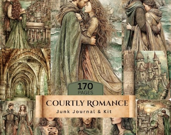 Romance cortesano PNG: Arte de amor medieval, castillo vintage, pareja, romance, amantes, diario de recortes de 170 páginas, kit de 40 bolsillos (descarga digital)