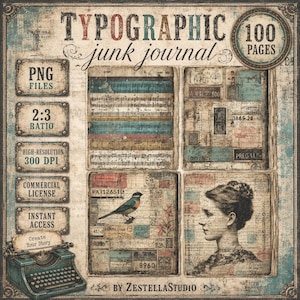 Könnte beinhalten: Ein digitales Junk-Journal-Set mit 100 Seiten im Vintage-Stil. Das Design umfasst Notenblätter, Briefmarken, eine Vogelillustration und ein Porträt, alles dargestellt mit einer Schreibmaschinen-Grafik und beschrifteten Feldern.