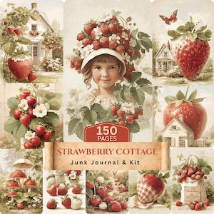 May include: A collage of vintage-style illustrations featuring strawberries and cottagecore themes. The central image shows a girl wearing a hat adorned with strawberries. Other images include strawberries, cottages, and the text "Strawberry Cottage Junk Journal & Kit" and "150 Pages".