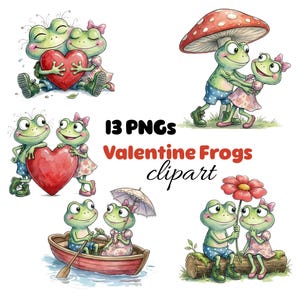 May include: A set of 13 PNG images showing cartoon frogs in Valentine's Day scenarios. The frogs are shown with hearts, dancing, and in a boat. The text "Valentine Frogs clipart" is also included in the image.