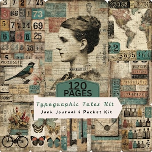 Typographic Tales  120 Pages Junk Journal And 40 Pocket Kit Vintage Ephemera Scrapbook Elements png (Digital Download)