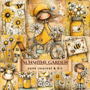 May include: A collage of illustrations with a yellow and white color scheme. The central image features a girl on a bicycle with a basket of daisies. Other images include bees, daisies, a cow, and the text "Sunshine Garden Junk Journal & Kit".