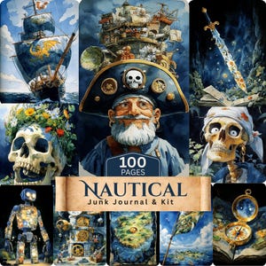 Kit de diario náutico con motivos de piratas: 100 páginas con acuarelas, aventuras marinas steampunk y hojas de collage digital con esqueletos y mapas del tesoro.